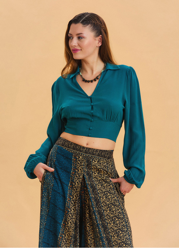 Shirt Collar Button Detailed Petrol Crop Blouse 4432